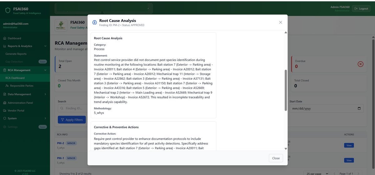 FSAI360 Corrective and Preventive Actions workflow