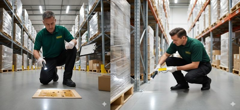 SafeCore technicians monitoring sticky boards and applying gel bait treatment