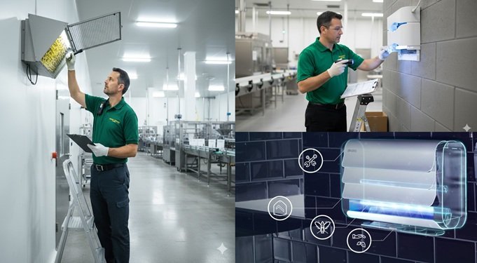 SafeCore technician inspecting insect light trap in production facility